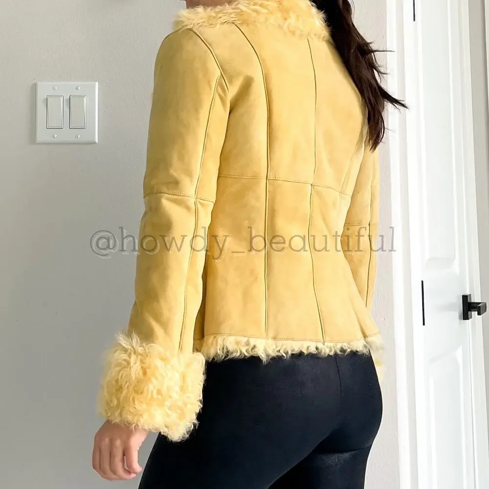 New Label SheepSkin Cream Yellow Leather Button Up shearling Jacket